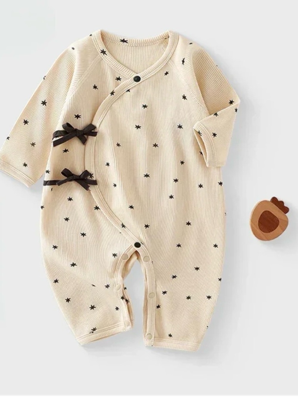 Organic Cotton Club Cotton Long Sleeve Kimono Romper Beige Star 0-3 M NWT IN PKG